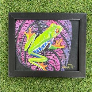 Colorful Tree Frog hand painted oil on canvas board  - Bright Green & Pink